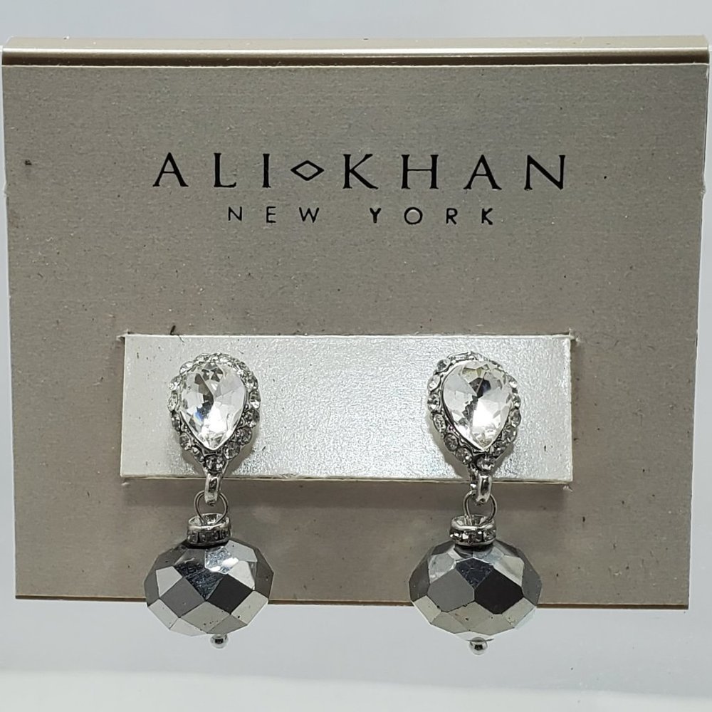 Ali Khan Hematite faceted glass bead with silver and rhinestone pierced earring